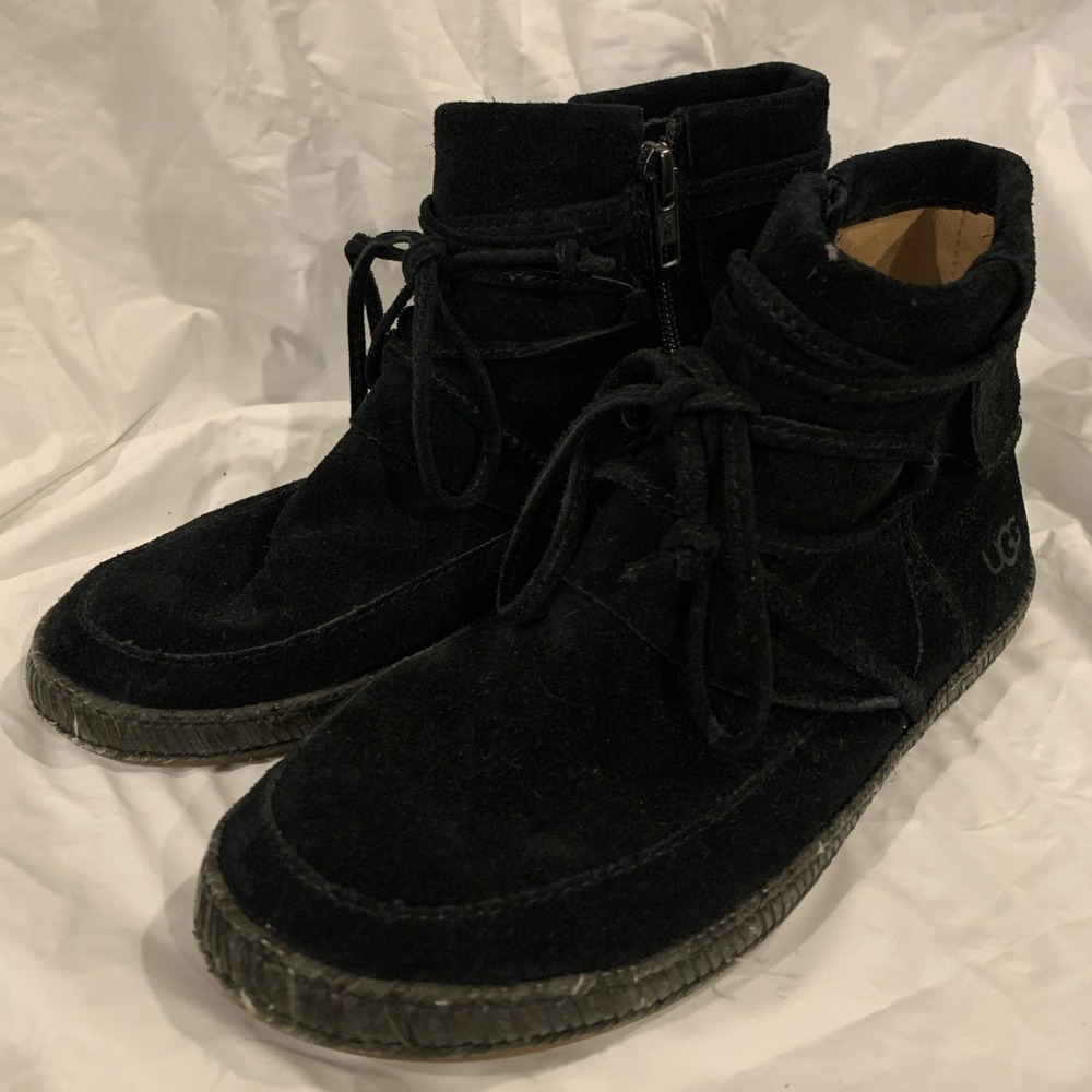 UGG‎ Boots Womens 6 Reid Zip Lace Up Moc Toe Ankle Bootie 1019129 Black Suede